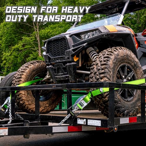 STARLEAPARTS Premium Wheel Straps (4PK) - 10,000lb Guaranteed Max Break Strength - 2" Ratchet with G70 Chain Anchor Hook and 2" X8ft Lasso Strap, Perfect Car Tie Down Straps for Truck, Cars, UTV(Green) - Image 4
