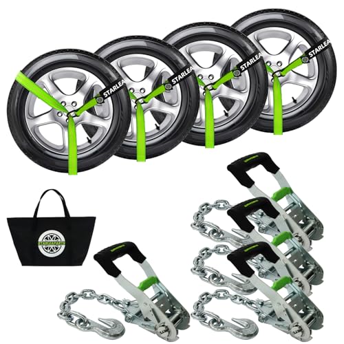 STARLEAPARTS Premium Wheel Straps (4PK) - 10,000lb Guaranteed Max Break Strength - 2" Ratchet with G70 Chain Anchor Hook and 2" X8ft Lasso Strap, Perfect Car Tie Down Straps for Truck, Cars, UTV(Green) - Image 1