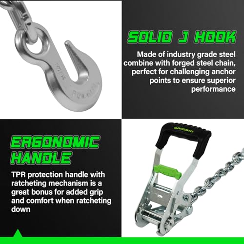 STARLEAPARTS Premium Wheel Straps (4PK) - 10,000lb Guaranteed Max Break Strength - 2" Ratchet with G70 Chain Anchor Hook and 2" X8ft Lasso Strap, Perfect Car Tie Down Straps for Truck, Cars, UTV(Green) - Image 3