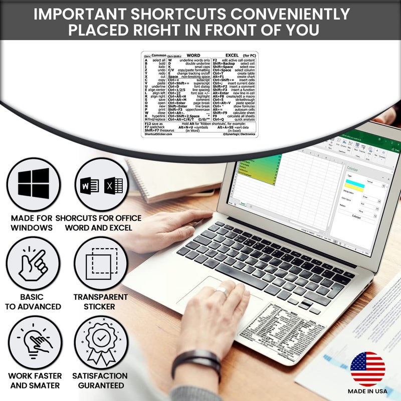Synerlogic Word/Excel Windows Shortcut Sticker | Reference Guide Keyboard Shortcuts | Work from Home Essentials | Excel Shortcuts Cheat Sheet Laminated Vinyl (Clear/Small) - Image 2