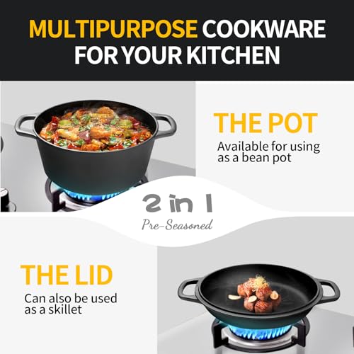 EDGING CASTING 2-in-1 Pre-Seasoned Cast Iron Dutch Oven Pot with Skillet Lid Cooking Pan, Cast Iron Skillet Cookware Pan Set with Dual Handles Indoor Outdoor for Bread, Frying, Baking, Camping, 7QT - Image 5