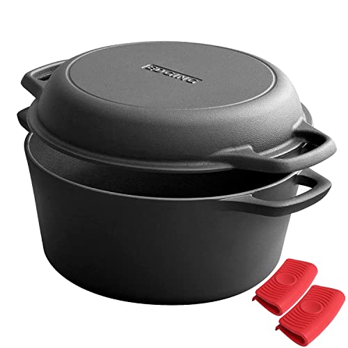 EDGING CASTING 2-in-1 Pre-Seasoned Cast Iron Dutch Oven Pot with Skillet Lid Cooking Pan, Cast Iron Skillet Cookware Pan Set with Dual Handles Indoor Outdoor for Bread, Frying, Baking, Camping, 7QT - Image 1
