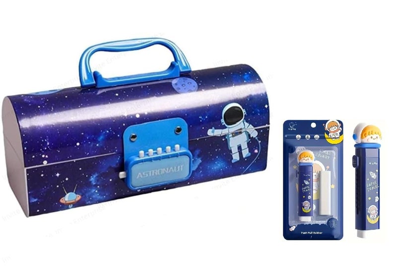 Invite Enterprise Invite New Cartoon Theme Pencil Box with Push Pull Eraser Set for Kids | Suitcase Style Password Lock Stationery Organizer | School Supplies Gift Combo for Boys & Girls (Space + Eraser) - Image 1