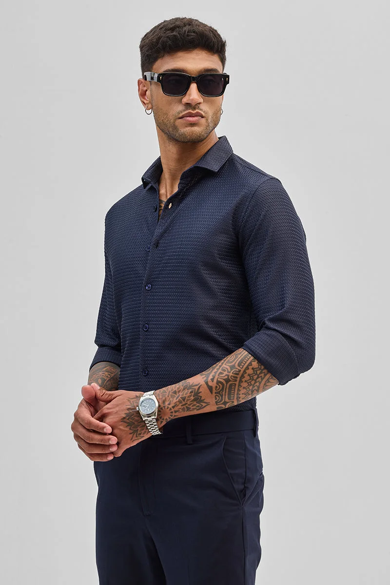 SNITCH Dark Blue Self-Design Shirt