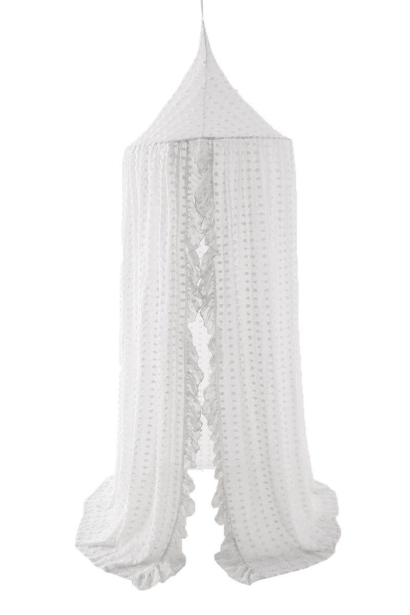 Wonder Space Elegant Kids Bed Canopy - Lace Chiffon Netting with Pom Pom, Princess Girls Fairy Dream Tent, Nursery Room Baby Crib Hanging Curtain Mosquito Net Children Reading Nook Decoration (White) - Image 1