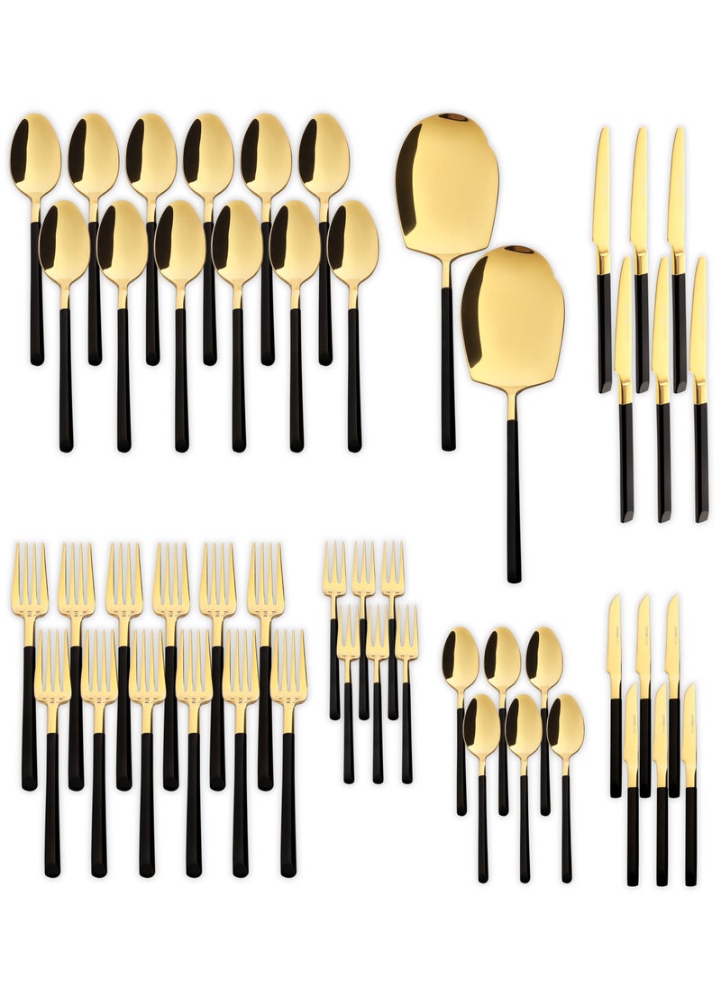 Life Smile 50 Pieces Cutlery Set for 12 Person,Pure Stainless Steel,Mirror Polished Include Spoon/Tea Spoon/Fork/Cake Fork/Dinner Knife/Fruit Knife/Rice Server (SHINY GOLD HEAD & SHINY BLACK HANDLE))  - Image 1