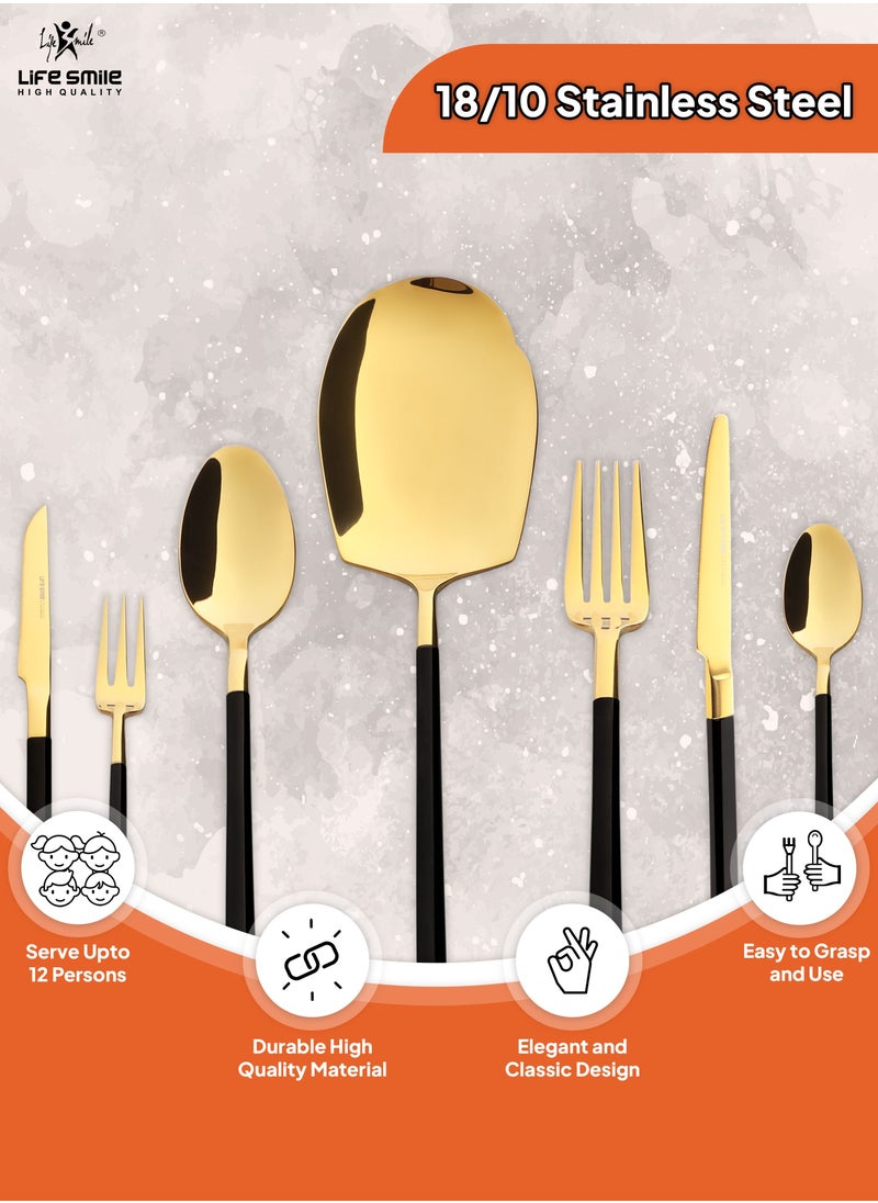 Life Smile 50 Pieces Cutlery Set for 12 Person,Pure Stainless Steel,Mirror Polished Include Spoon/Tea Spoon/Fork/Cake Fork/Dinner Knife/Fruit Knife/Rice Server (SHINY GOLD HEAD & SHINY BLACK HANDLE))  - Image 4