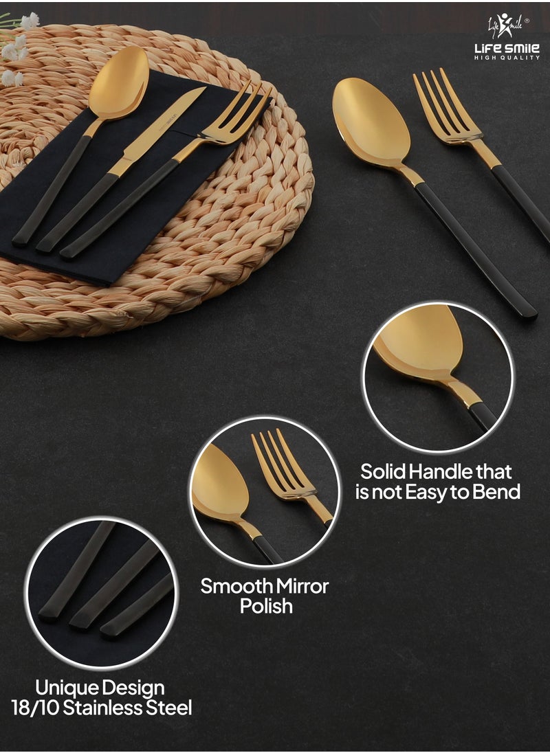Life Smile 50 Pieces Cutlery Set for 12 Person,Pure Stainless Steel,Mirror Polished Include Spoon/Tea Spoon/Fork/Cake Fork/Dinner Knife/Fruit Knife/Rice Server (SHINY GOLD HEAD & SHINY BLACK HANDLE))  - Image 3