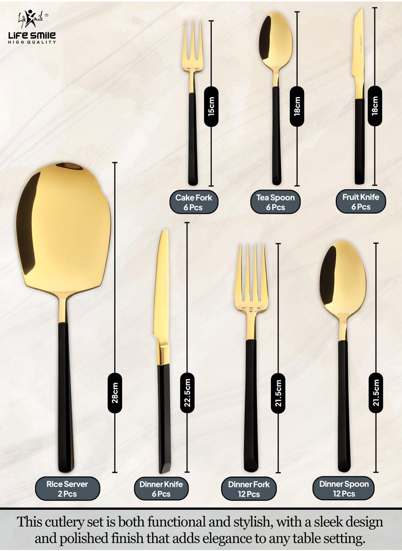 Life Smile 50 Pieces Cutlery Set for 12 Person,Pure Stainless Steel,Mirror Polished Include Spoon/Tea Spoon/Fork/Cake Fork/Dinner Knife/Fruit Knife/Rice Server (SHINY GOLD HEAD & SHINY BLACK HANDLE))  - Image 5