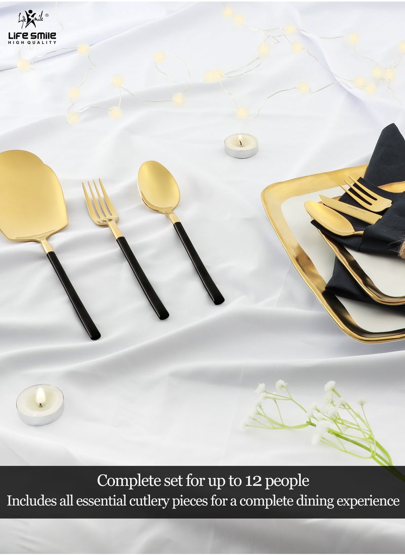 Life Smile 50 Pieces Cutlery Set for 12 Person,Pure Stainless Steel,Mirror Polished Include Spoon/Tea Spoon/Fork/Cake Fork/Dinner Knife/Fruit Knife/Rice Server (SHINY GOLD HEAD & SHINY BLACK HANDLE))  - Image 2