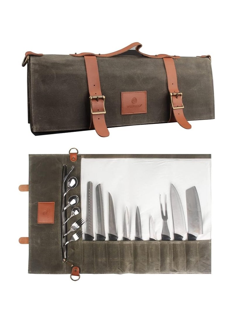 general Chef's Knife Reel Bag (10 pockets), waxed canvas knife carrying case with handle and shoulder straps, zippered tool kit - Image 1
