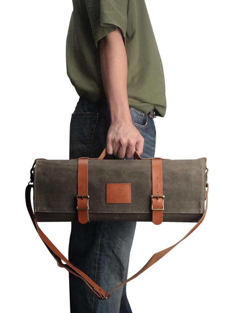 general Chef's Knife Reel Bag (10 pockets), waxed canvas knife carrying case with handle and shoulder straps, zippered tool kit - Image 2