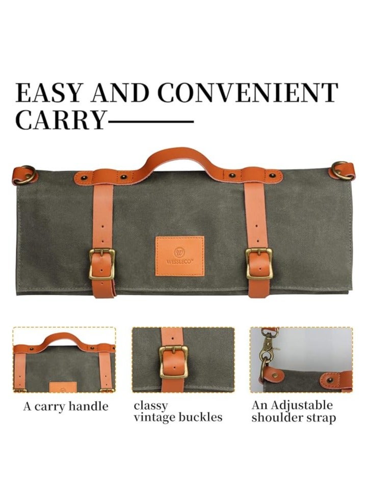 general Chef's Knife Reel Bag (10 pockets), waxed canvas knife carrying case with handle and shoulder straps, zippered tool kit - Image 3