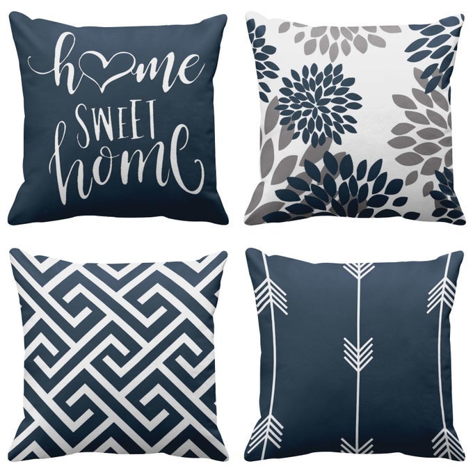 SET OF 4 THROW PILLOW COVERS MODERN ABSTRACT GEOMETRY BLUE WHITE AND GREY WORDS SWEET FLORAL ARROW DECORATIVE PILLOW CASES HOME DECOR STANDARD SQUARE 18X18 INCHES PILLOWCASES