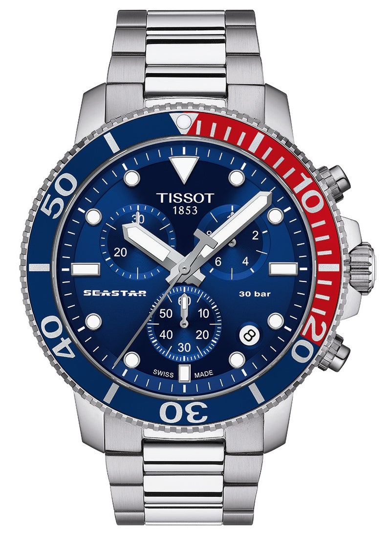 TISSOT ساعة كواتز كرونوجراف تیسوت سيستار 1000 بقرص أزرق وسوار فولاذي فضي للرجال - T120.417.11.041.03 - Image 1