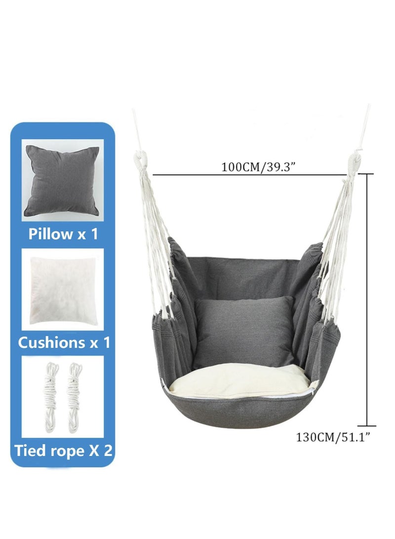 Hammock Chair Hanging Rope Swing Max 180KG With Cushion and Pillow Large Hanging Chair Swing Seat Perfect for Outdoor Home Bedroom Patio Yard Gray