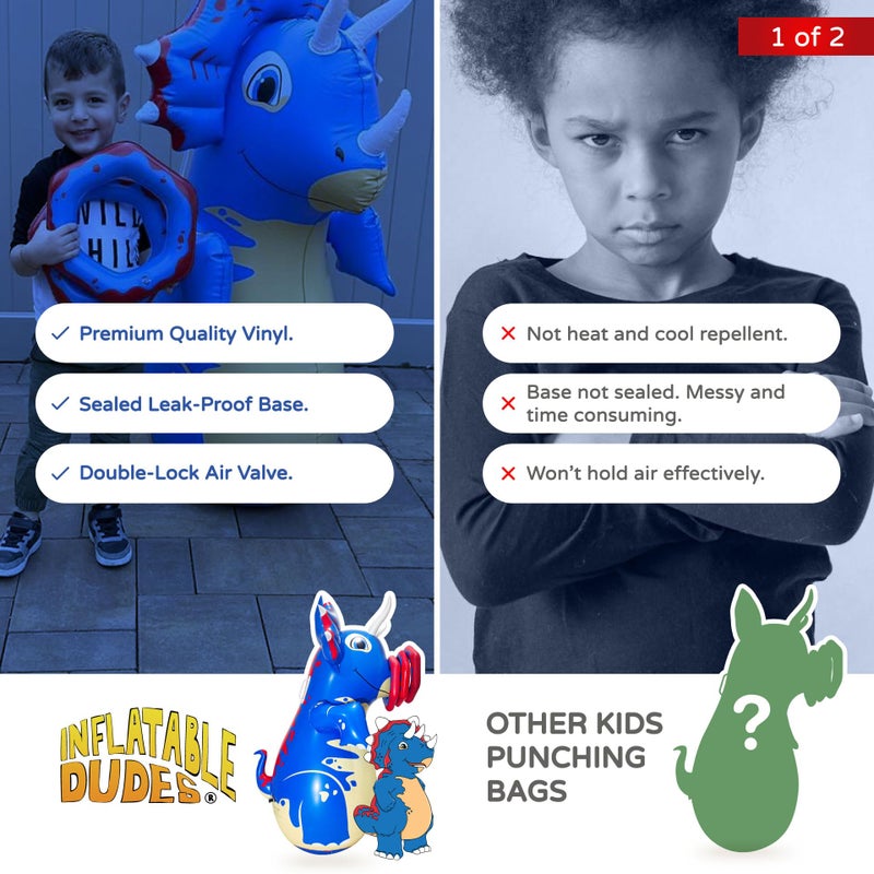 INFLATABLE DUDES Dinosaur 47 Inches- Kids Punching Bag| Already Filled with Sand |Triceratops Bop Bag |Ring Toss with 3 Inflatable Rings| | Ride-on Toy + Handles| Punching Bag for Kids -(Tops) - Image 5