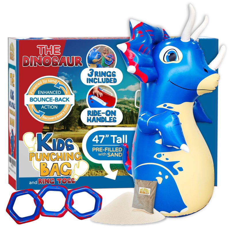 INFLATABLE DUDES Dinosaur 47 Inches- Kids Punching Bag| Already Filled with Sand |Triceratops Bop Bag |Ring Toss with 3 Inflatable Rings| | Ride-on Toy + Handles| Punching Bag for Kids -(Tops) - Image 1