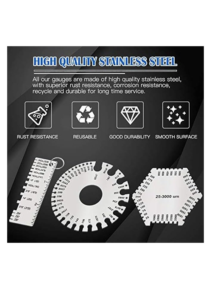 PROMASS 3 Pack Stainless Steel Welding Gauge Set, 25-3000um Wet Film Comb + Wire Metal Sheet Thickness Gauge + Round Dual-Sided Wire Cable Sheet Gage Standard Thickness Metal Gauge AWG and SAE  - Image 3