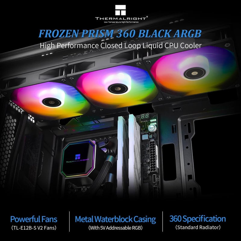 Thermalright Frozen Prism 360 Black ARGB CPU Liquid Cooler,Efficient PWM Controlled Pump 3300RPM,3×TL-E12 Series PWM Fan,Water Cooling Computer Parts,for AMD AM4/AM5,Intel 1150/1156/1200/1700/2066 - Image 2
