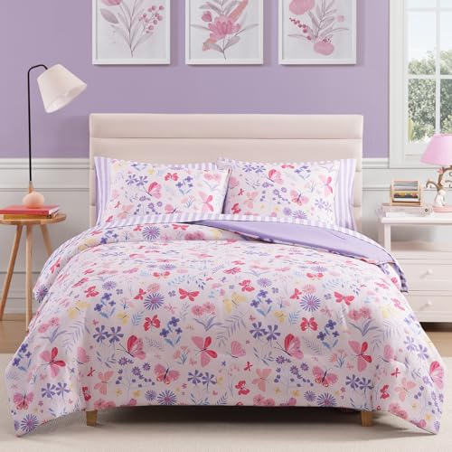 Wink Deer Queen Comforter Set with Sheets for Girls-7 Pieces Queen Bedding Sets with Pink Comforter, Sheets, Pillowcases & Shams for Kids (Cute Botanical Flowers, 90" X 90") - Image 1