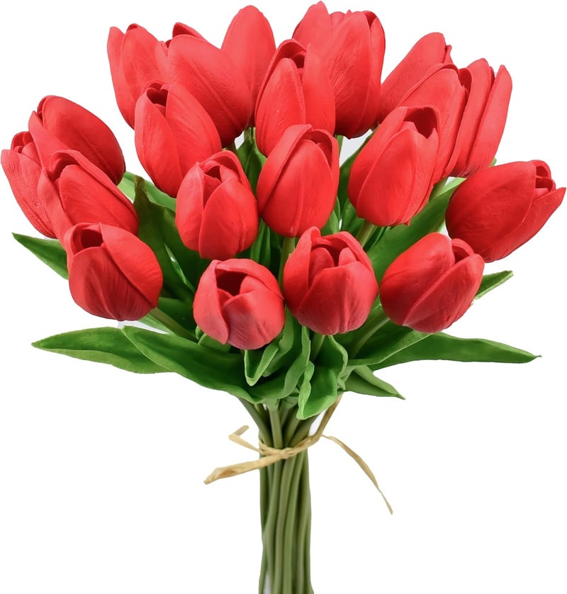 Mandy's Artificial Tulips 20 Stems Red PU Faux Flowers for Thanksgiving and Christmas Decorations Wedding Home Decor 13.5 Inch - Image 1