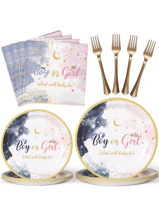 CLYMENE 96 Pcs Gender Reveal Party Supplies | Baby Shower Party Decorations | Boy or Girl Gender Reveal Tableware Set | with Paper Plates, Napkins, Forks | for Boys & Girls | Serves 24 Guests - Image 1