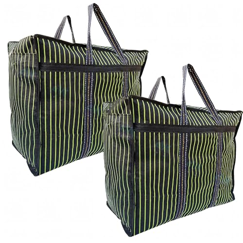 EVK Unisex ® Multipurpose Extra Large Shopping Bag Big Heavy Duty Storage Organizer Reusable Canvas Shopper Bag with Strong Handles and Base with Covers Zip Black and Green (Pack of 2) - Image 1