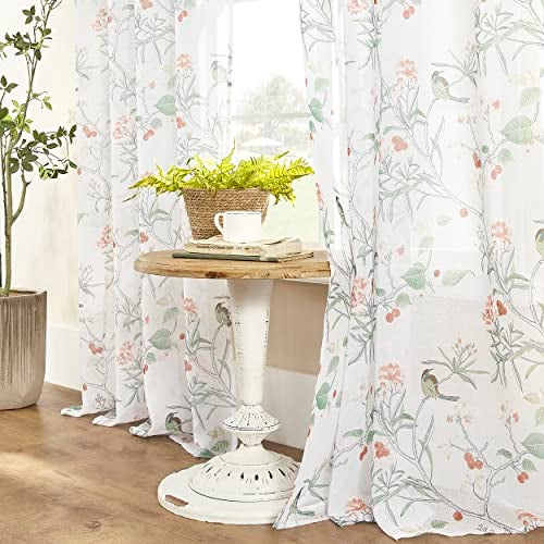 XTMYI Botanical Sheer Curtains 63 Inch Length for Kitchen Bedroom 2 Panels Set Grommet Vine Floral Non See Through Curtains for Living Room - Image 1