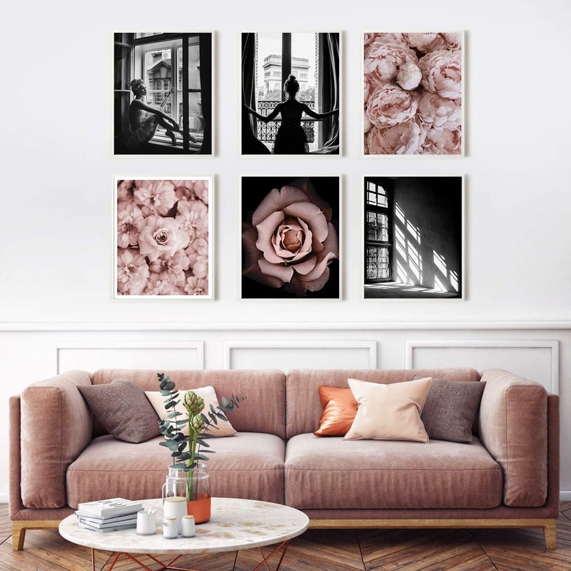 HoozGee Fashion Wall Art Prints Set of 6 Black and White Art Pink Roses Flower Wall Art Floral Trendy Posters Prints Canvas Art Pictures Bedroom Decor for Girls Room Decor (8"x10" UNFRAMED) - Image 5