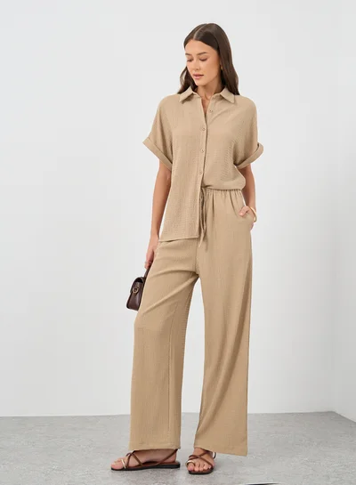 Styli Textured Wide Leg Pants with Drawstring