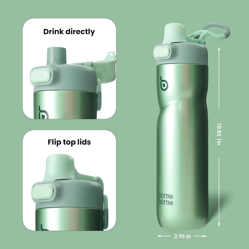 bottle bottle زجاجة زجاجة معزولة سعة 24 أونصة من الفولاذ المقاوم للصدأ مع مقبض وغطاء قابل للطي، مانعة للتسرب، خضراء - Image 4