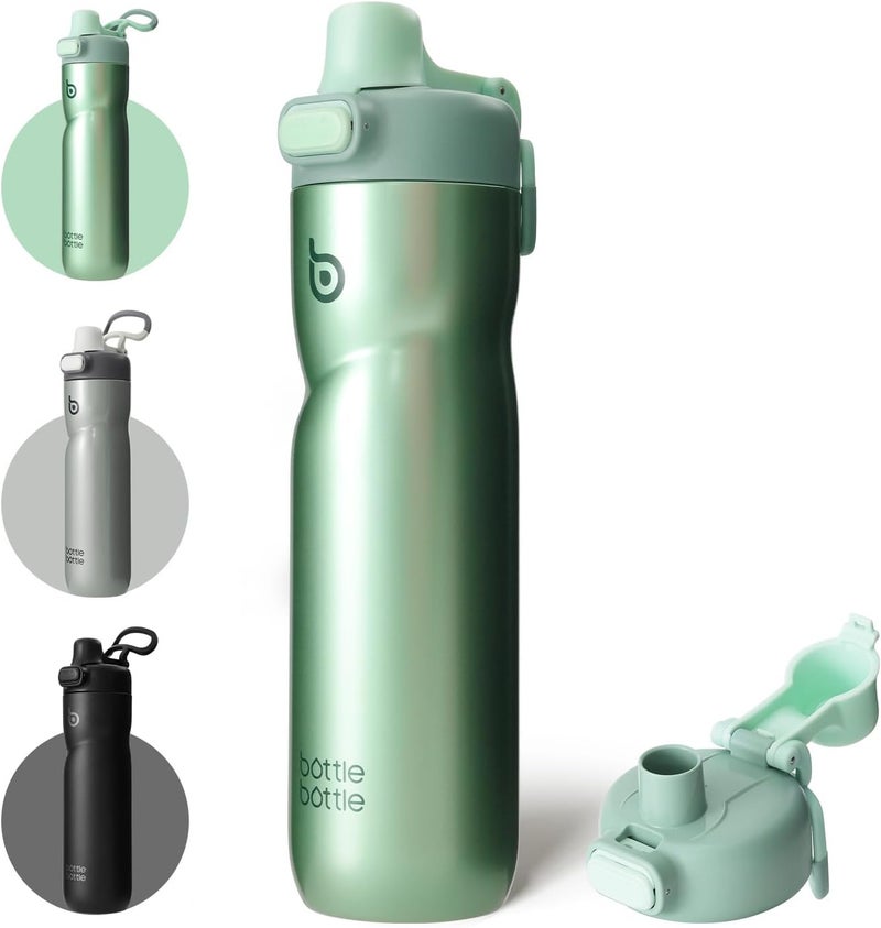 bottle bottle زجاجة زجاجة معزولة سعة 24 أونصة من الفولاذ المقاوم للصدأ مع مقبض وغطاء قابل للطي، مانعة للتسرب، خضراء - Image 1