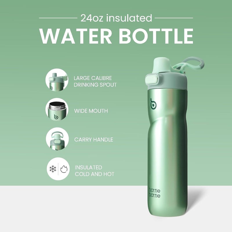 bottle bottle زجاجة زجاجة معزولة سعة 24 أونصة من الفولاذ المقاوم للصدأ مع مقبض وغطاء قابل للطي، مانعة للتسرب، خضراء - Image 3