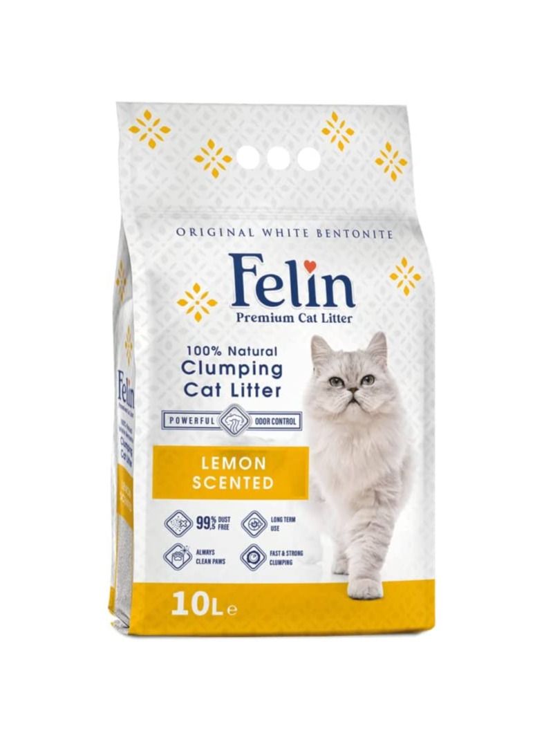 فيلين فضلات القطط من فيلين بريميوم 100٪ رمل قطط طبيعي متكتل خالي من الغبار طويل الأمد يستخدم دائمًا أقدام نظيفة سريعة التكتل 10 لتر ليمون معطر - Image 1