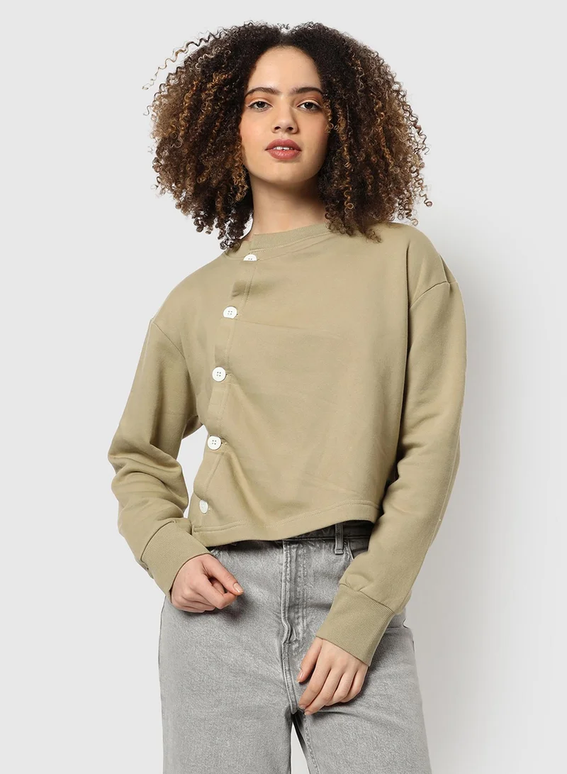 كامبوس سوترا سويت شيرت نسائي بياقة مستديرة وأكمام مضلعة طويلة وإغلاق بأزرار وحافة مستقيمة بقصة عادية للاستخدام اليومي في الشارع والكاجوال بلون زيتوني فاتح