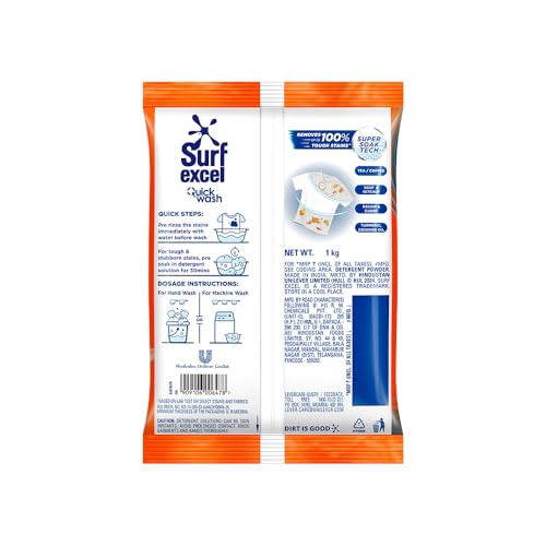 Surf Excel Quick Wash Detergent Powder 1 kg|| Washing Powder with Lemon & Bleach to Remove Tough Stains on Clothes - Bucket & Machine Wash - Image 2