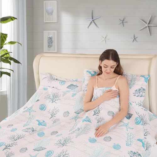 CHESITY 3-Piece Ocean Quilts Set Full/Queen Size Beach Bedspread Lightweight Coastal Bedding Reversible Bedding Cover Nautical Coverlet Set Seaweed Coral Beach Conch Sheet(90"x90") - Image 3