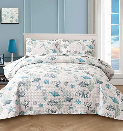 CHESITY 3-Piece Ocean Quilts Set Full/Queen Size Beach Bedspread Lightweight Coastal Bedding Reversible Bedding Cover Nautical Coverlet Set Seaweed Coral Beach Conch Sheet(90"x90") - Image 1