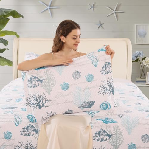CHESITY 3-Piece Ocean Quilts Set Full/Queen Size Beach Bedspread Lightweight Coastal Bedding Reversible Bedding Cover Nautical Coverlet Set Seaweed Coral Beach Conch Sheet(90"x90") - Image 2