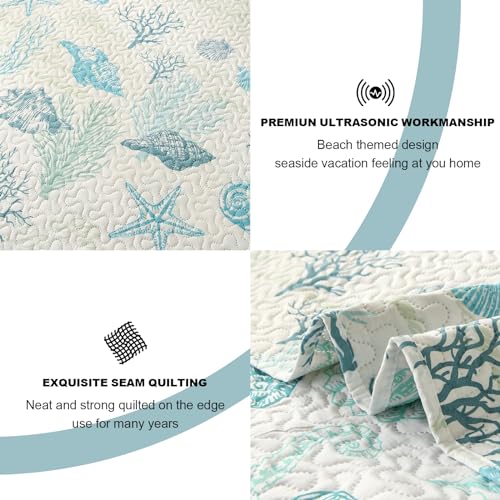 CHESITY 3-Piece Ocean Quilts Set Full/Queen Size Beach Bedspread Lightweight Coastal Bedding Reversible Bedding Cover Nautical Coverlet Set Seaweed Coral Beach Conch Sheet(90"x90") - Image 5