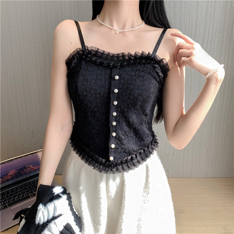 Lace Pattern Small Sling Vest Belt Chest Cushion Beauty Back Inside The Fold Pearl Outer Wear Bottom Wrapped Chest Top - Image 4