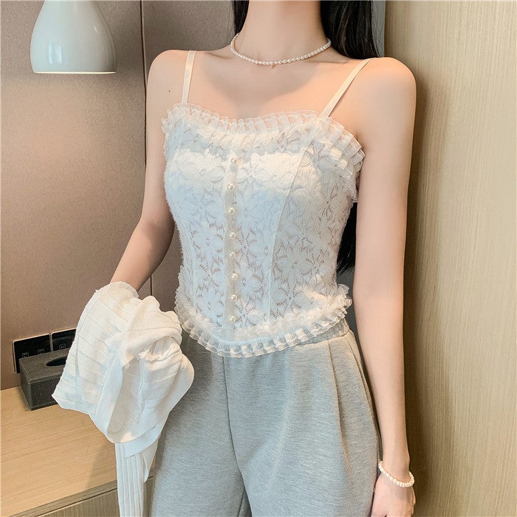 Lace Pattern Small Sling Vest Belt Chest Cushion Beauty Back Inside The Fold Pearl Outer Wear Bottom Wrapped Chest Top - Image 3