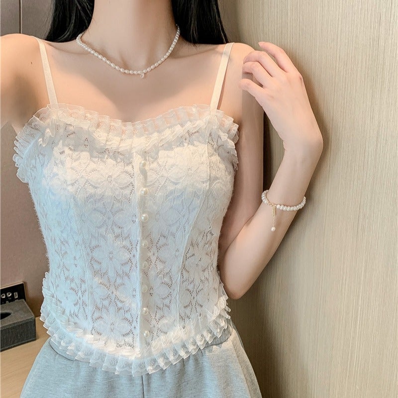 Lace Pattern Small Sling Vest Belt Chest Cushion Beauty Back Inside The Fold Pearl Outer Wear Bottom Wrapped Chest Top - Image 2