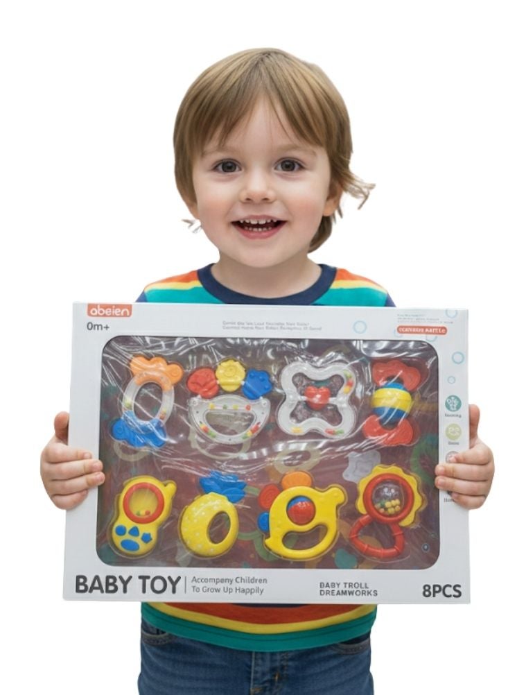 بريميم مجموعة ألعاب خشخيشة وعضاضة للأطفال – ألعاب تنمية حسية متعددة الألوان (أصفر، برتقالي، أزرق، أحمر) (ثماني قطع، من عمر صفر أشهر فما فوق) - Image 3