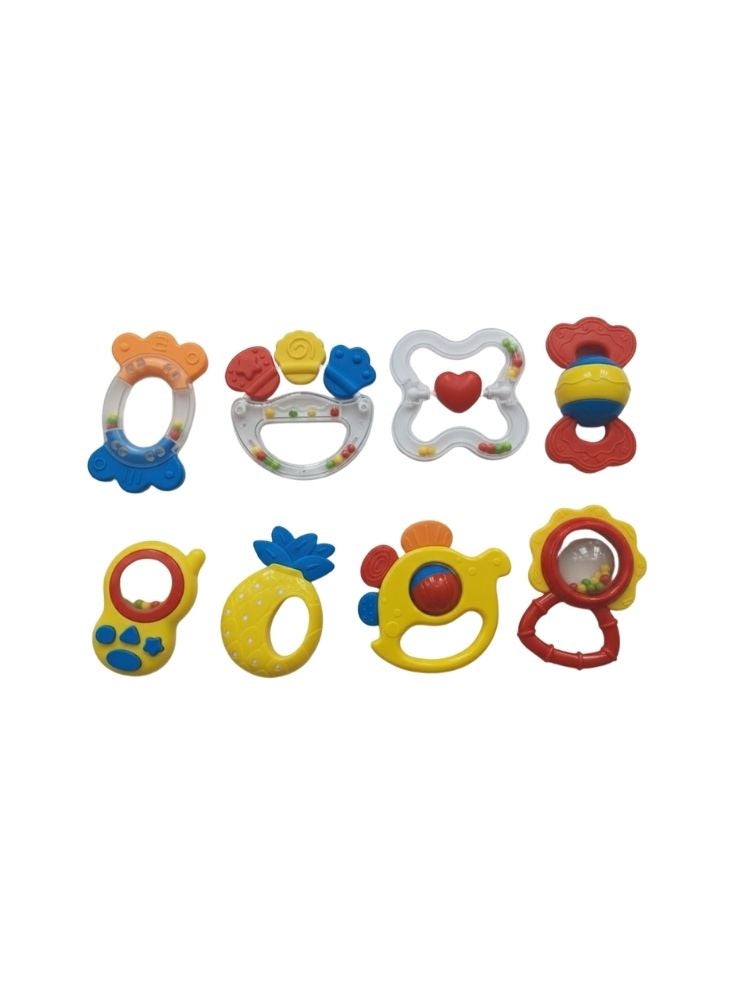 بريميم مجموعة ألعاب خشخيشة وعضاضة للأطفال – ألعاب تنمية حسية متعددة الألوان (أصفر، برتقالي، أزرق، أحمر) (ثماني قطع، من عمر صفر أشهر فما فوق) - Image 2