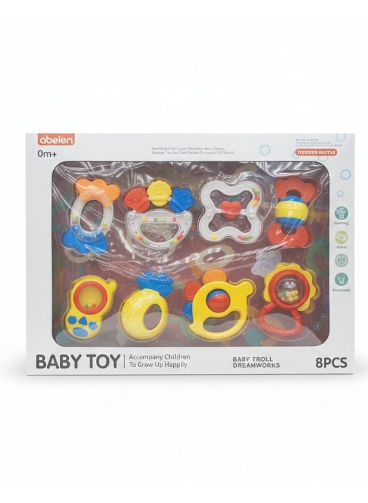 بريميم مجموعة ألعاب خشخيشة وعضاضة للأطفال – ألعاب تنمية حسية متعددة الألوان (أصفر، برتقالي، أزرق، أحمر) (ثماني قطع، من عمر صفر أشهر فما فوق) - Image 1