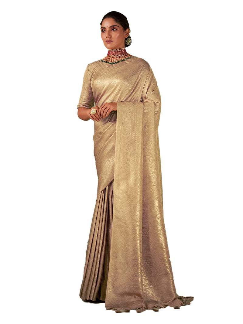 Vardha Women's Kanchipuram Art Silk Saree with Unstitched Blouse Piece - Gold Zari Woven Work Sarees for Wedding (Asya Vol.4_563) - Image 1