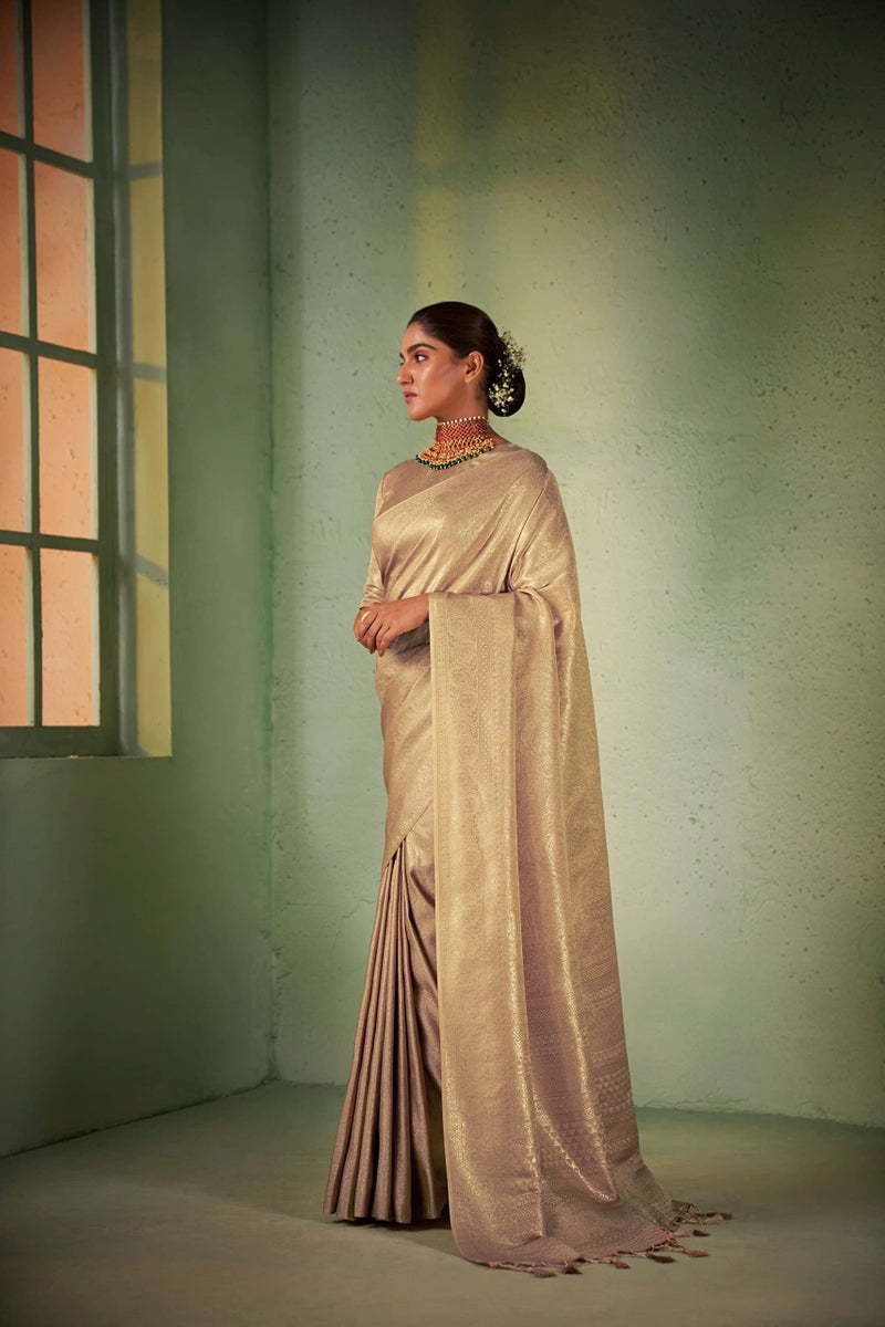Vardha Women's Kanchipuram Art Silk Saree with Unstitched Blouse Piece - Gold Zari Woven Work Sarees for Wedding (Asya Vol.4_563) - Image 3