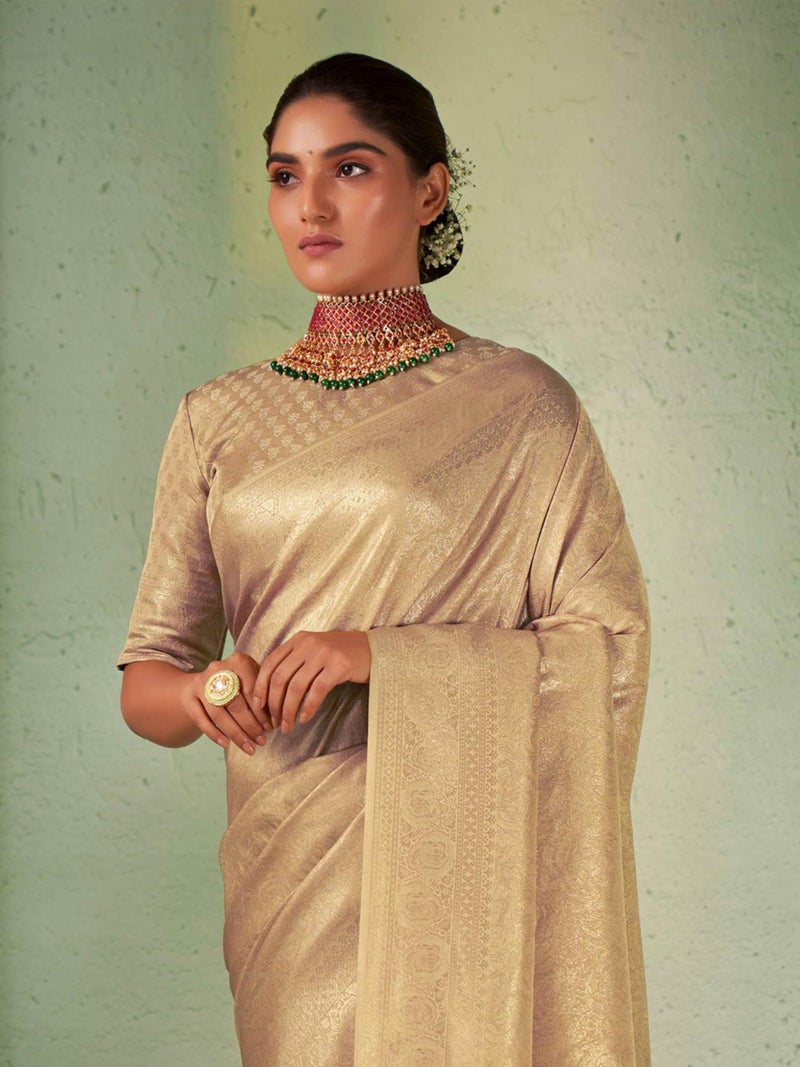 Vardha Women's Kanchipuram Art Silk Saree with Unstitched Blouse Piece - Gold Zari Woven Work Sarees for Wedding (Asya Vol.4_563) - Image 4